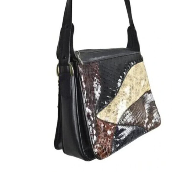 Vintage Cuero Vaca Leather Snakeskin Purse Shoulder Bag Black Patchwork - Picture 7 of 14